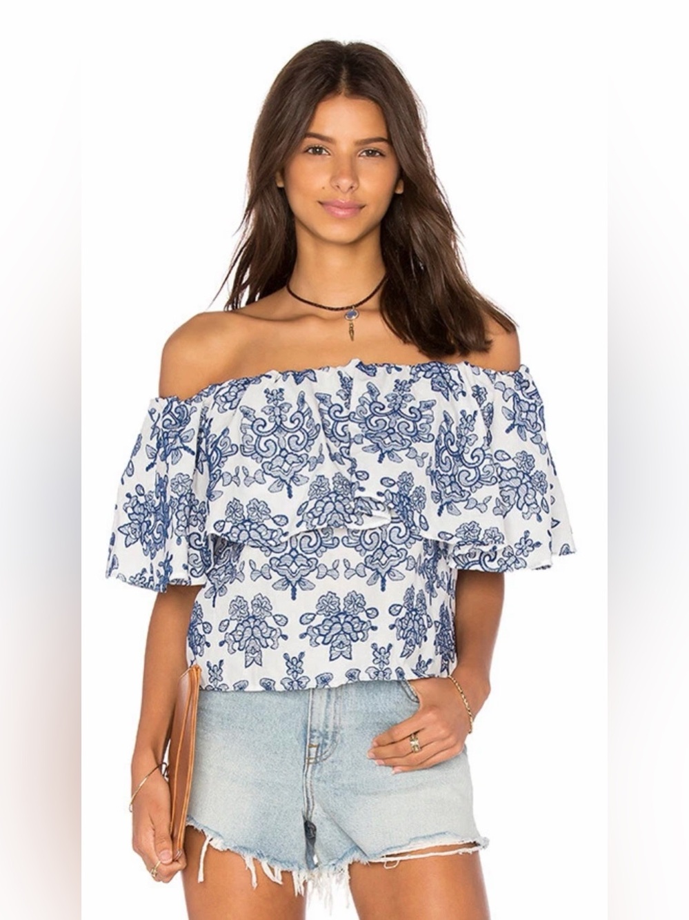 Adiva Women’s 2X Blue White Embroidered Off Shoulder Boho Top